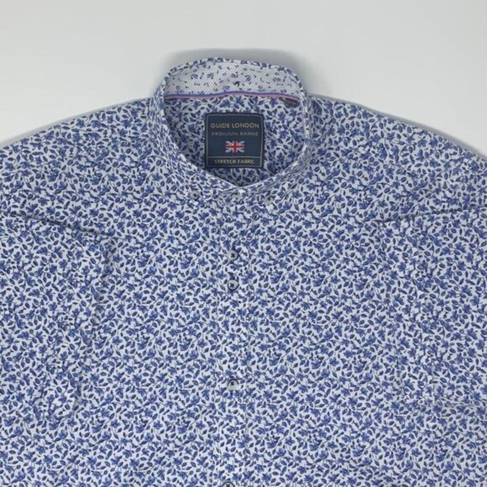 Guide London Premium Men's Shirt Short Sleeve White & Blue Floral Print Size Med